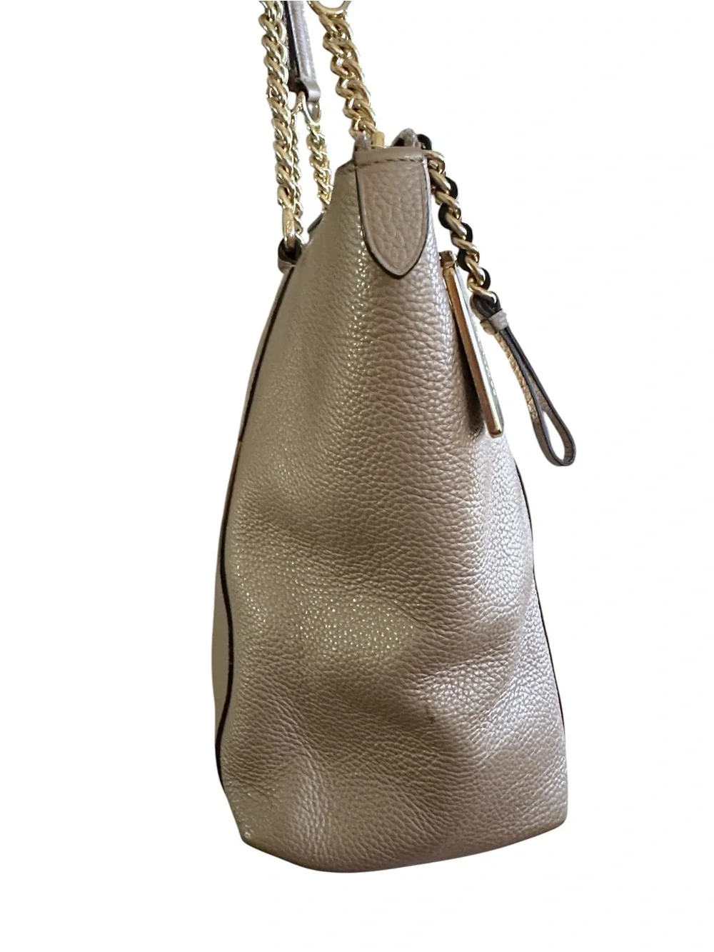 Coach Ava Champagne Gold Pebble‎ Leather Chain Tote Zip Top Shoulder Bag Large